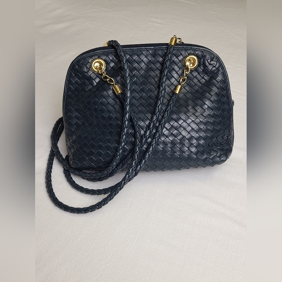 Ashneil Handbags - Ashneil Woven Leather Long Double Handle Shoulder Bag Navy Blue Gold Hardware